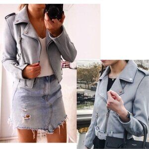 Zara Womens Faux Suede Light Pastel Dusty Baby Blue Moto Biker Jacket Sz S